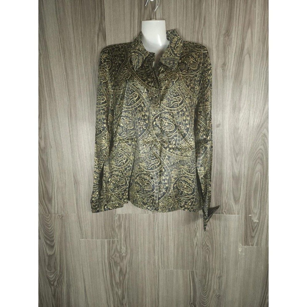 Spenser Jeremy Womens 100% Silk‎ Blouse Gold Black Paisley Floral Button Down 10